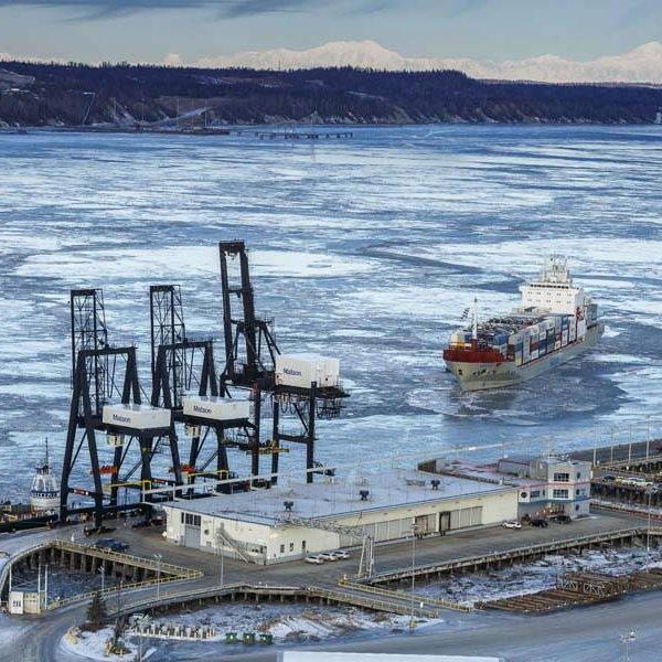 Matson ship in Cook Inlet and arriving at port of Anchorage on February 2, 2012
